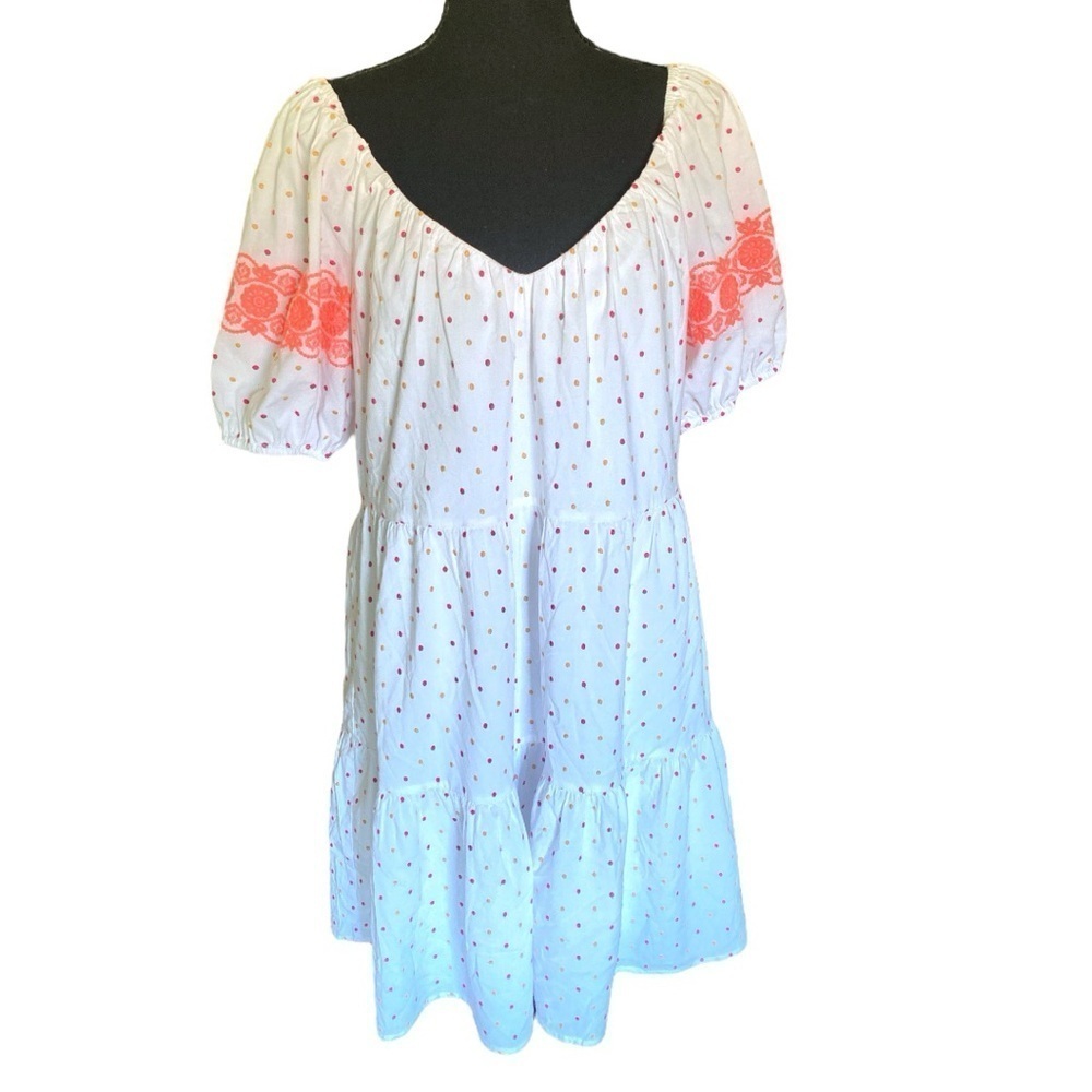 Embroidered Dot Tiered Swing Dress White Multicolored Fun & Flirty Women’s Large - Picture 13 of 14